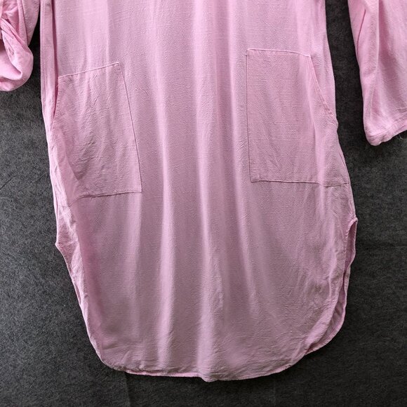 Utcoco Cotton Linen Shirt Dress Womens S Pink Roll Tab Sleeve Midi Relaxed - Picture 4 of 10